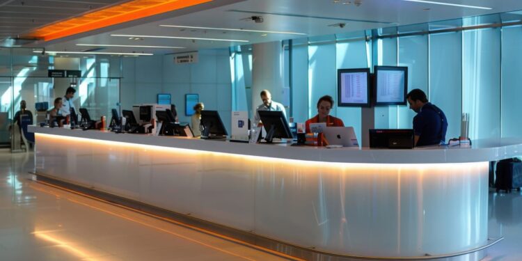 airport information desk with staff providing guidance